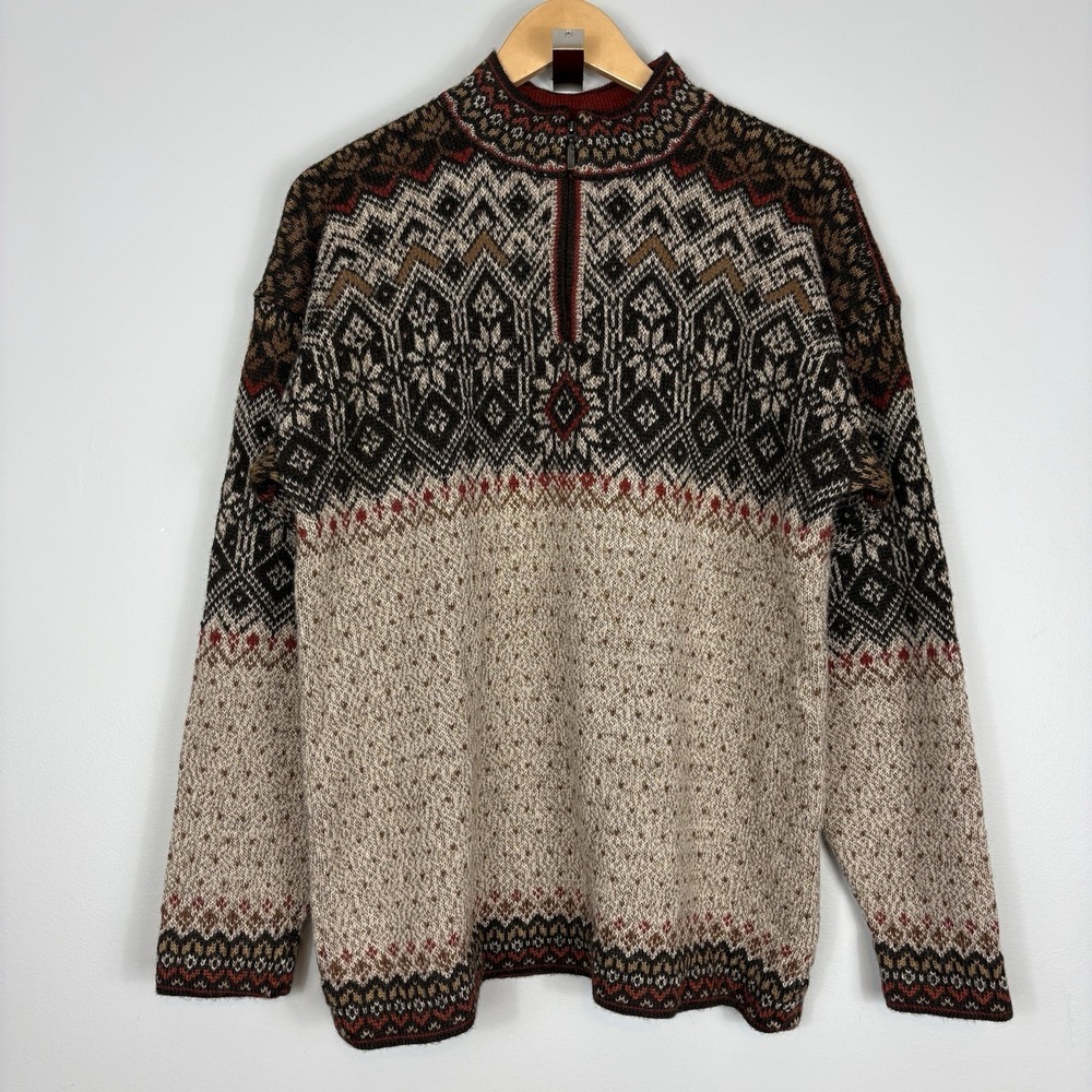Intiwara 100% Alpaca Wool Sweater Men's M Nordic Fair Isle Quarter Zip Brown Tan